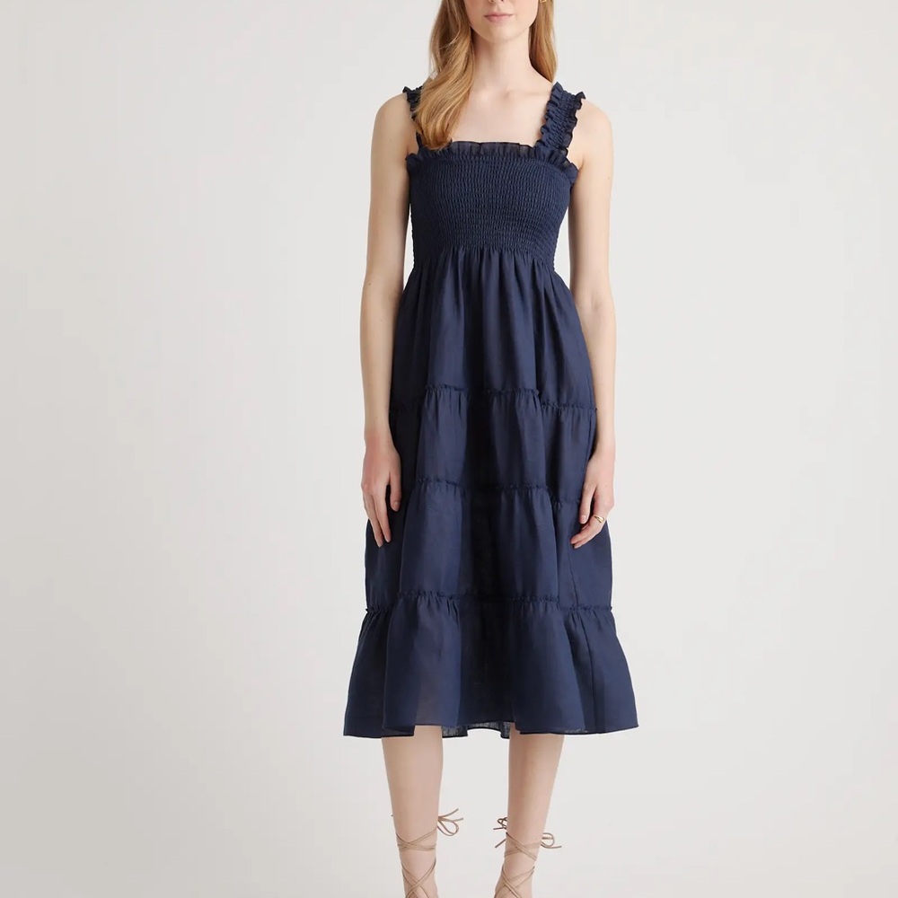 Quince Navy 100% European Linen Smocked Midi Dress